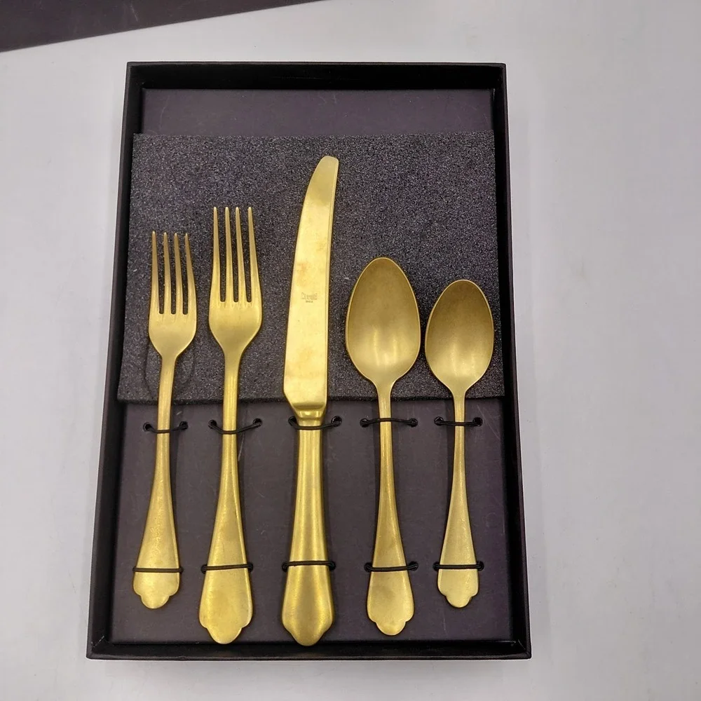 MEPRA Gold Dolce Vita Flatware 5 Piece Set NIB Italy 18/10 Bloomingdales